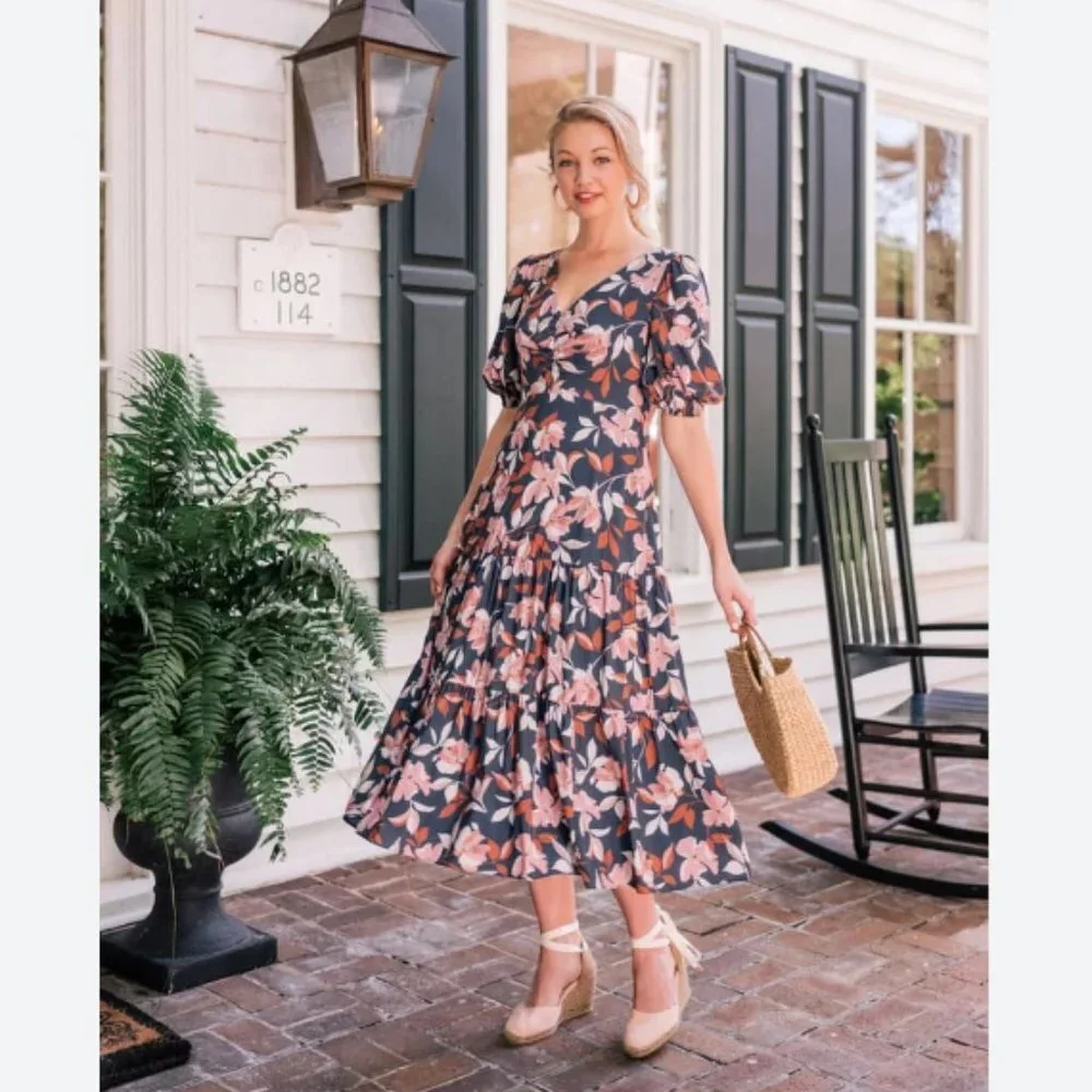 Gal Meets Glam Green Floral Midi Dress with Pink and Cream Blooms - Picture 1 of 5